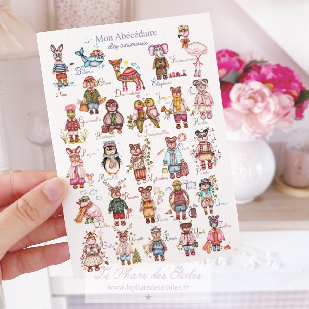 carte postale carte illustrée à l'aquarelle abécédaire des animaux www.lepharedesetoiles.fr