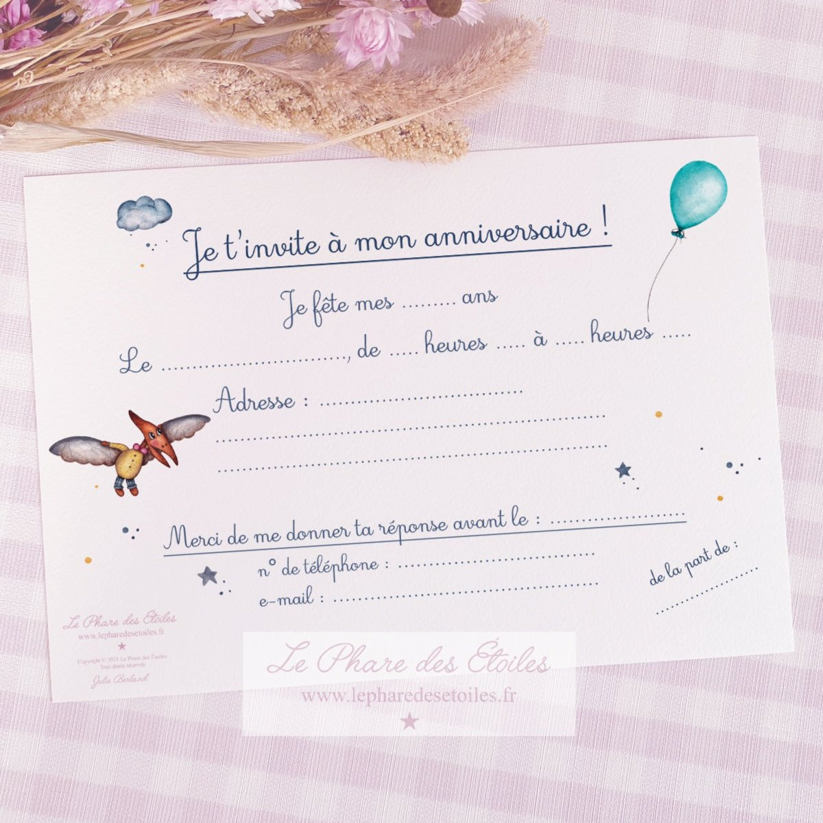 Carte Invitation Anniversaire. Carte illustrée à l'aquarelle sur le thème des dinosaures et du goûter d'anniversaire. Format A6 carte postale. Enveloppe offerte. Recto-Verso.