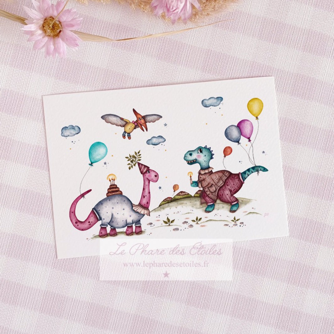 Carte illustrée à l'aquarelle sur le thème des dinosaures et du goûter d'anniversaire. Format A6 carte postale. Enveloppe offerte sur simple demande.