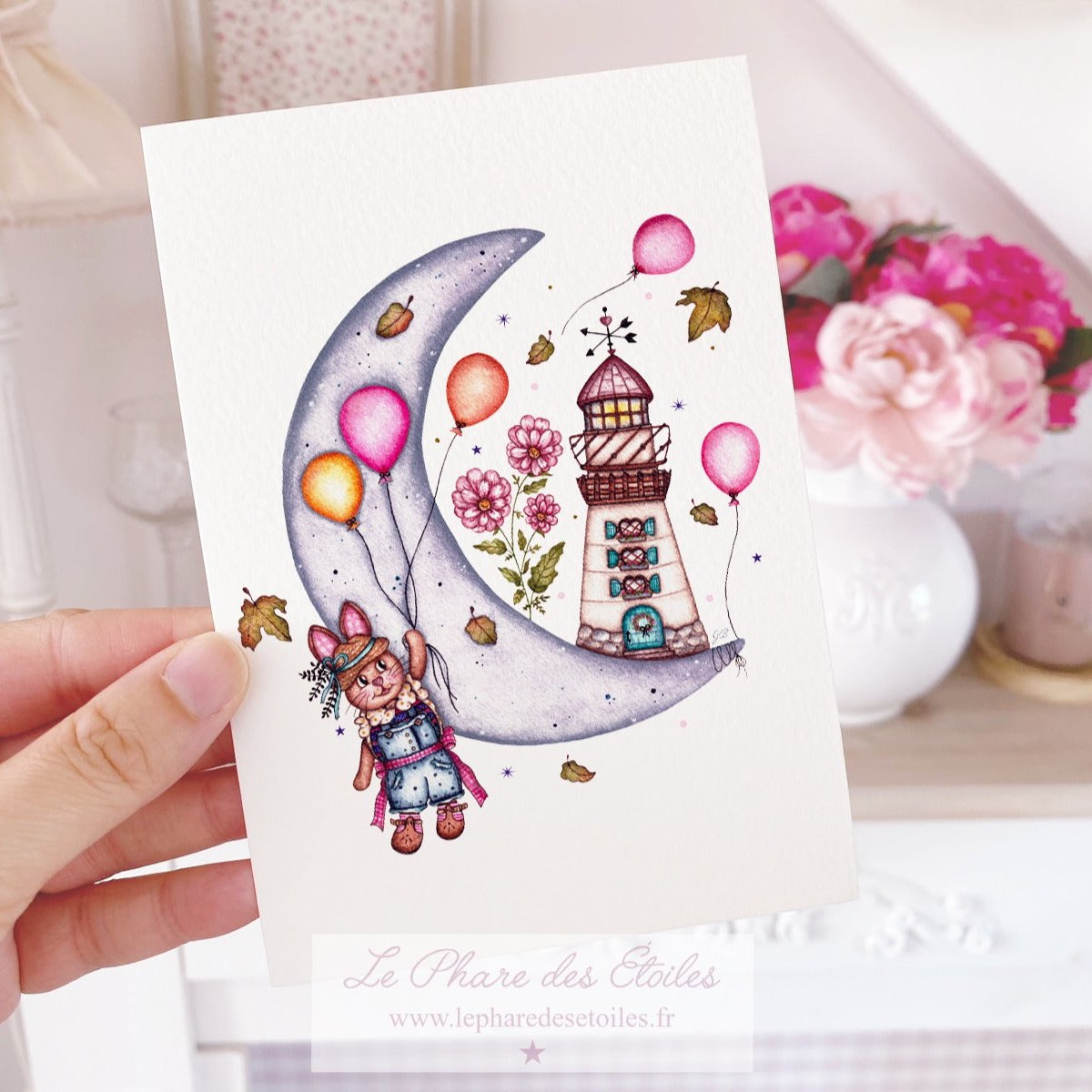 Carte sur le thème d'un phare, d'une lune et des étoiles. Aquarelle www.lepharedesetoiles.fr
