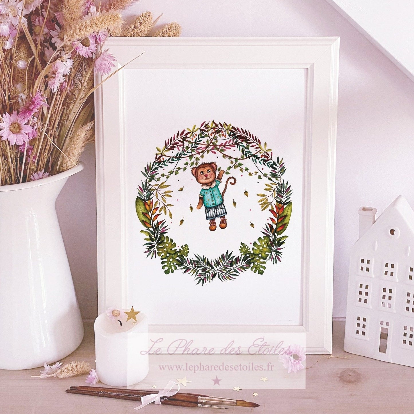 Affiche illustrée à l'aquarelle sur le thème de la jungle. Illustration à encadrer. Décoration intérieure et chambre pour enfants.