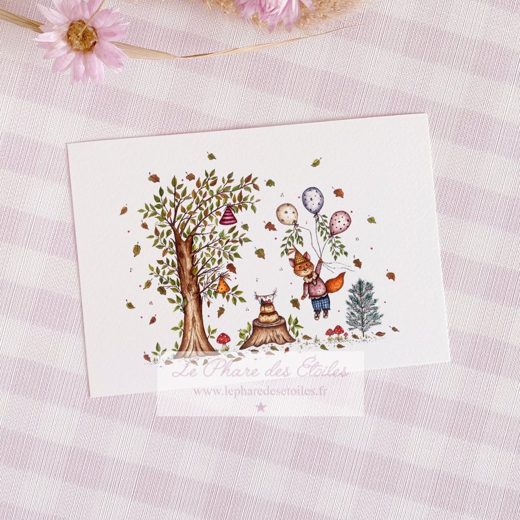 Carte illustrée à l'aquarelle sur le thème de l'automne, de la forêt, du renard et goûter d'anniversaire. Format A6 carte postale. Enveloppe offerte sur simple demande.