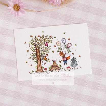 Carte illustrée à l'aquarelle sur le thème de l'automne, de la forêt, du renard et goûter d'anniversaire. Format A6 carte postale. Enveloppe offerte sur simple demande.
