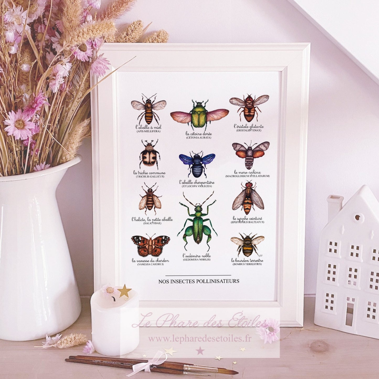 Affiche illustrée à l'aquarelle sur le thème du printemps et des insectes pollinisateurs. Illustration à encadrer. Décoration intérieure et chambre pour enfants.