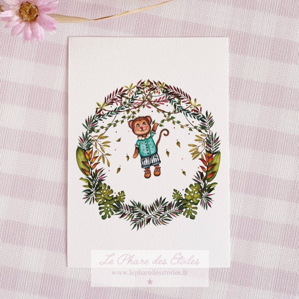 Carte illustrée à l'aquarelle sur le thème de la jungle, feuilles de monstera, végétaux et personnage singe. Format A6 carte postale. Enveloppe offerte sur simple demande.