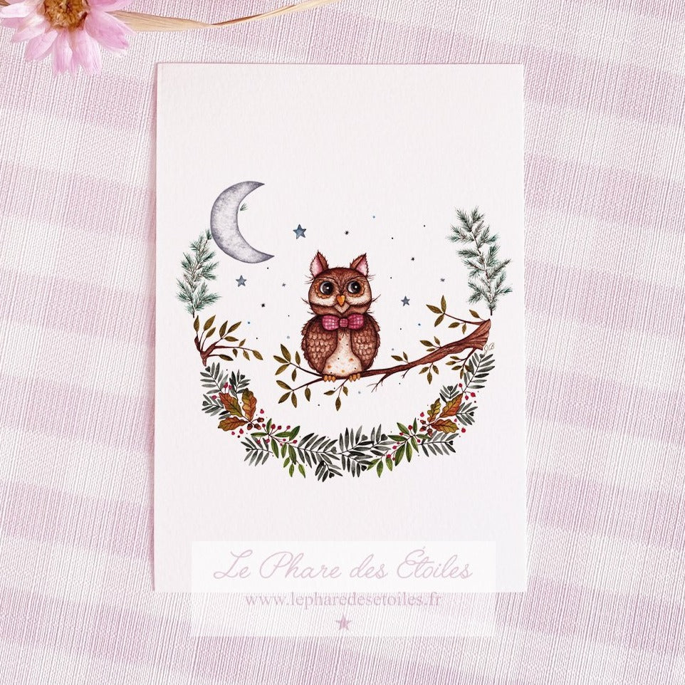 Carte illustrée à l'aquarelle sur le thème de la nuit, de la forêt accompagné d'un hibou. Format A6 carte postale. Enveloppe offerte sur simple demande.