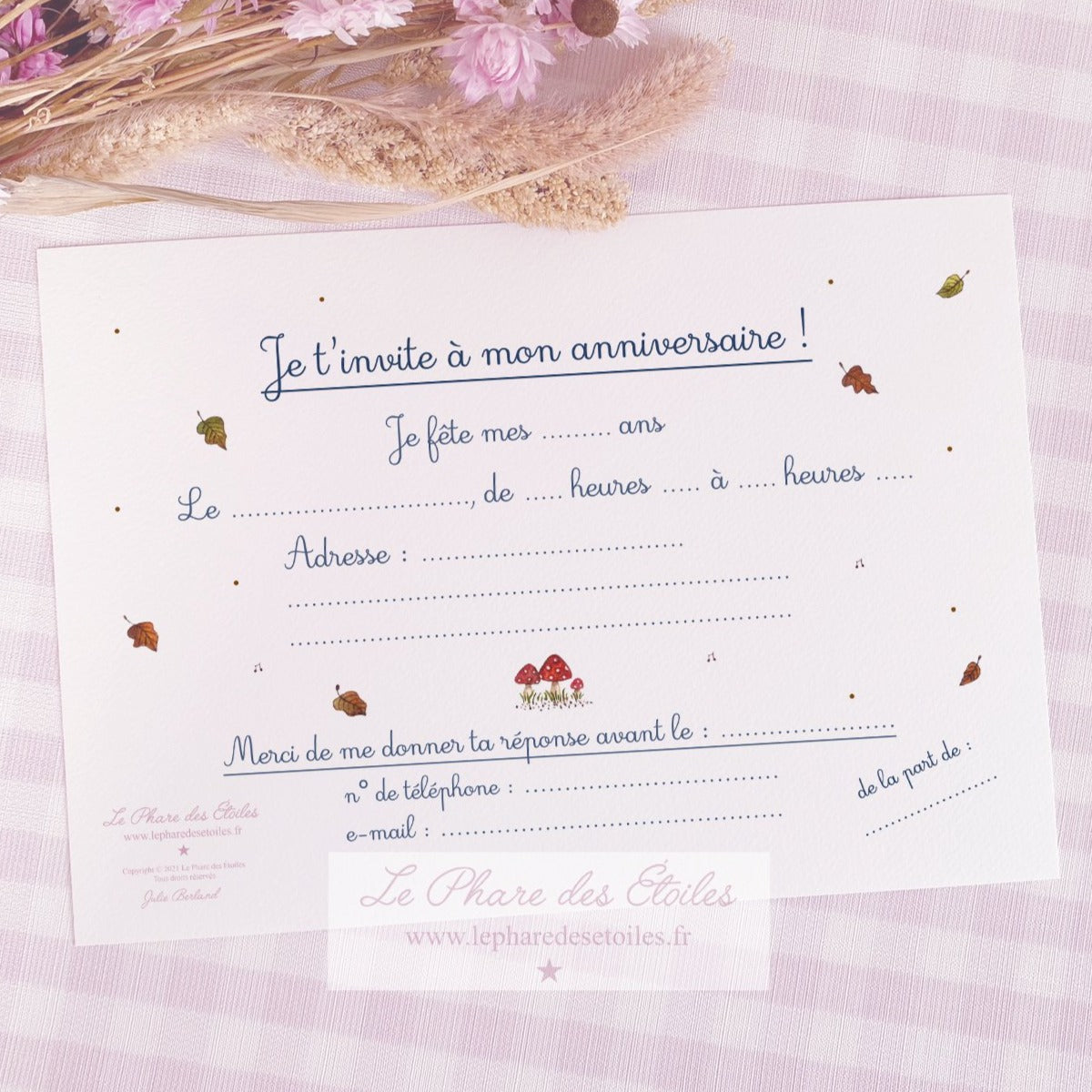 Carte Invitation Anniversaire. Carte illustrée à l'aquarelle sur le thème de la forêt, de l'automne et du goûter d'anniversaire. Format A6 carte postale. Enveloppe offerte. Recto-verso