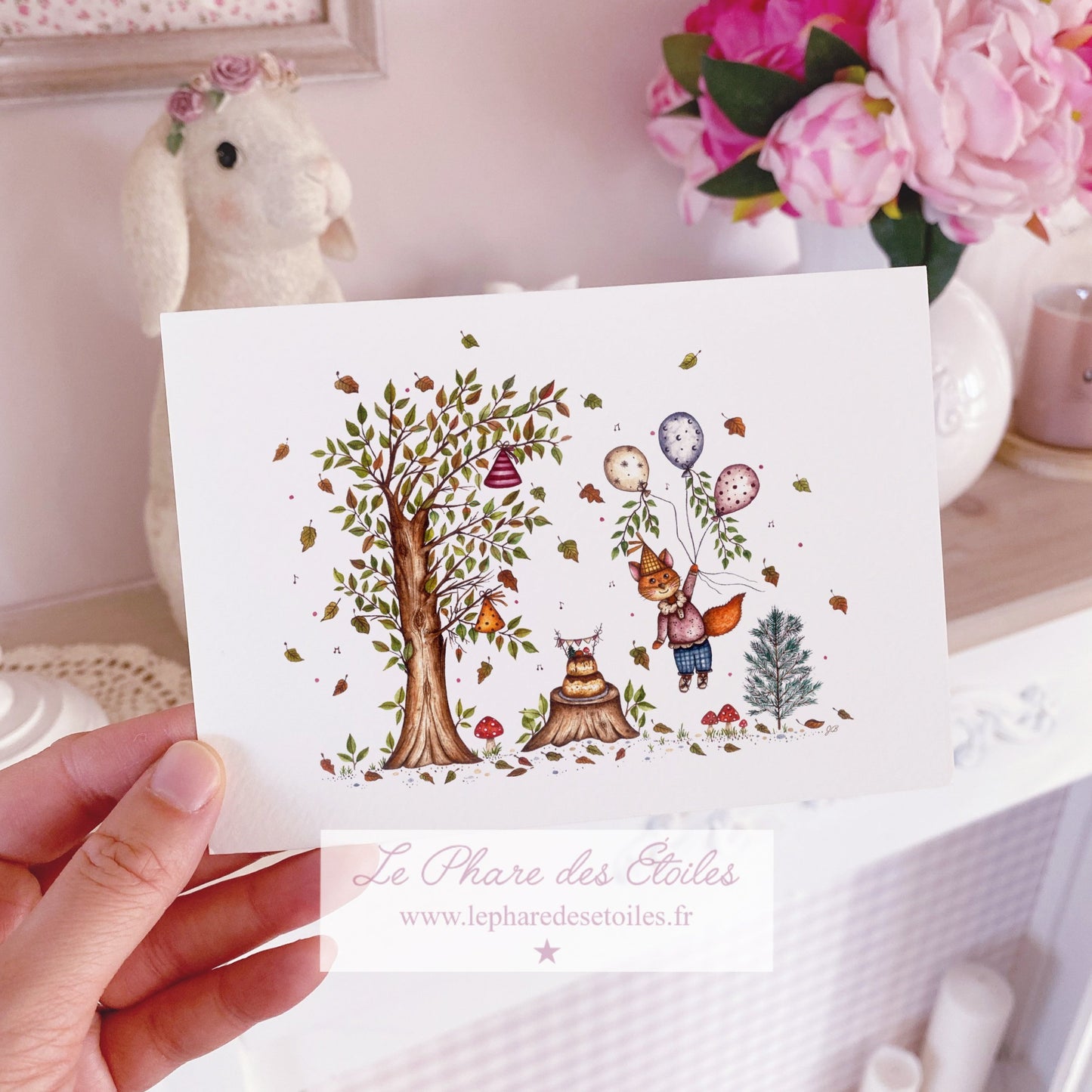 Carte illustrée à l'aquarelle sur le thème de l'automne, de la forêt, du renard et goûter d'anniversaire. Format A6 carte postale. Enveloppe offerte sur simple demande.