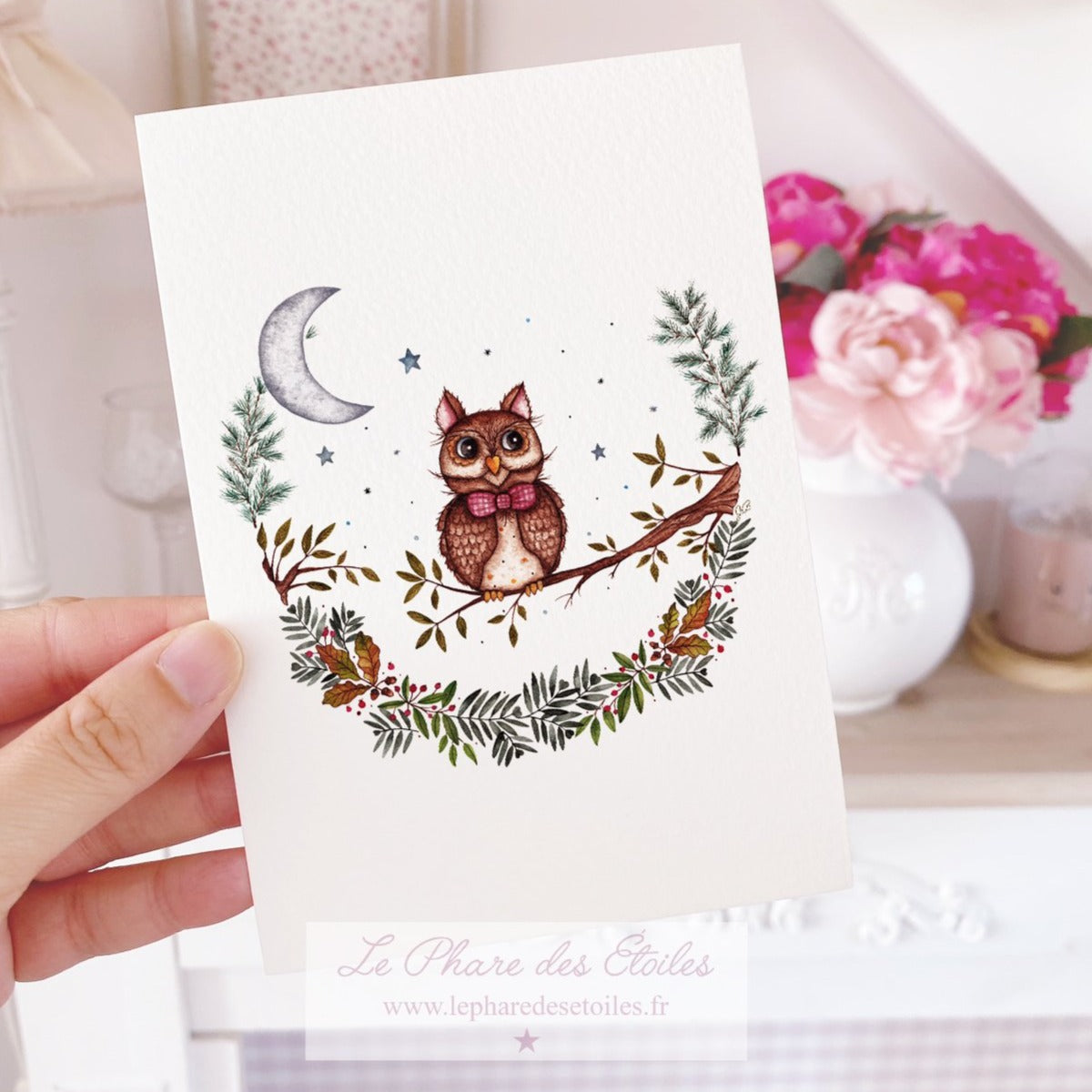 Carte illustrée à l'aquarelle sur le thème de la nuit, de la forêt accompagné d'un hibou. Format A6 carte postale. Enveloppe offerte sur simple demande.