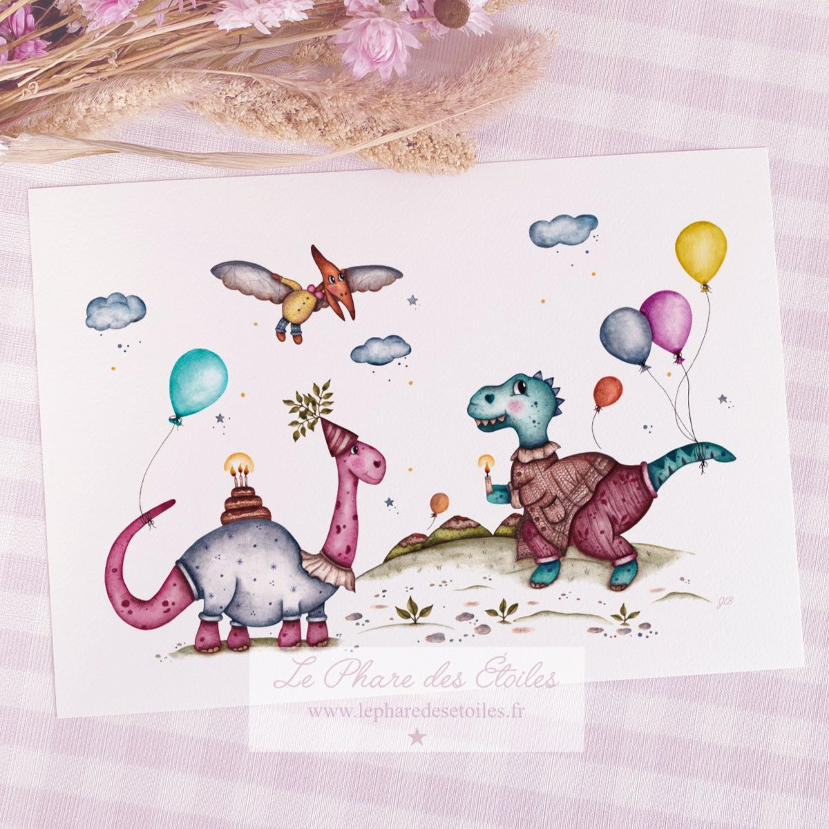 Affiche sur le thème des dinosaures, de l'anniversaire. Aquarelle www.lepharedesetoiles.fr