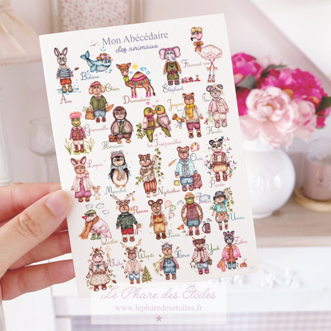 carte postale carte illustrée à l'aquarelle abécédaire des animaux www.lepharedesetoiles.fr