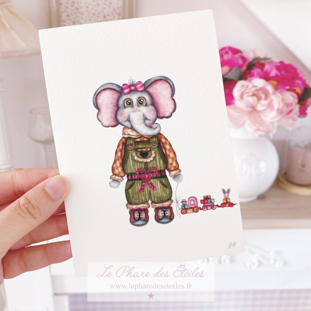 Carte Illustrée à l'aquarelle animaux éléphant carte postale www.lepharedesetoiles.fr