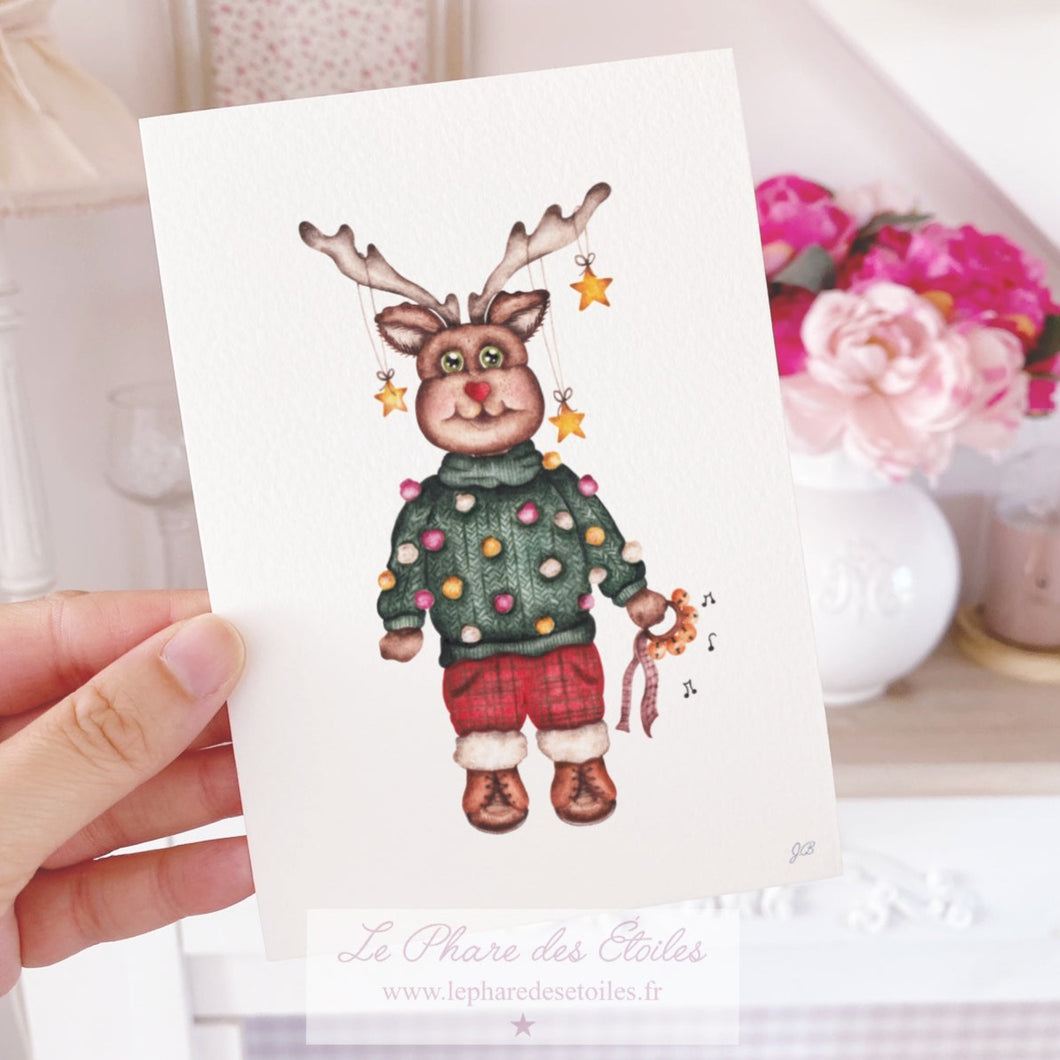 renne noël carte illustrée à l'aquarelle carte postale de noël www.lepharedesetoiles.fr