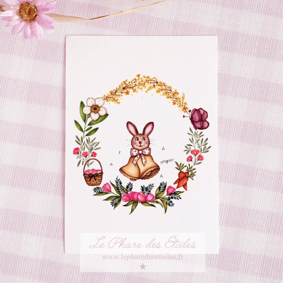 Carte illustrée à l'aquarelle sur le thème du printemps, des fleurs, de Pâques. Personnage lapin. Format A6 carte postale. Enveloppe offerte sur simple demande.