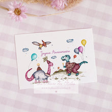 Charger l&#39;image dans la galerie, Carte Joyeux Anniversaire. Carte illustrée à l&#39;aquarelle sur le thème des dinosaures et du goûter d&#39;anniversaire. Format A6 carte postale. Enveloppe offerte.

