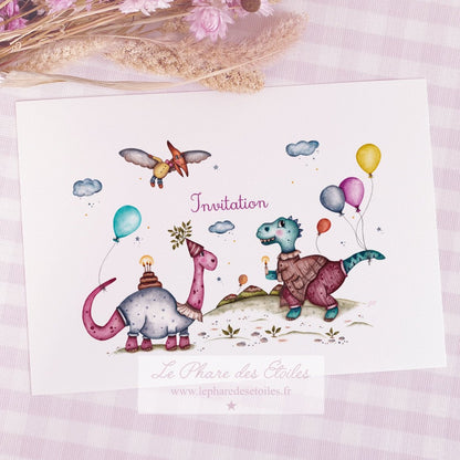 Carte Invitation Anniversaire. Carte illustrée à l'aquarelle sur le thème des dinosaures et du goûter d'anniversaire. Format A6 carte postale. Enveloppe offerte. Recto-Verso.