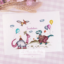 Charger l&#39;image dans la galerie, Carte Invitation Anniversaire. Carte illustrée à l&#39;aquarelle sur le thème des dinosaures et du goûter d&#39;anniversaire. Format A6 carte postale. Enveloppe offerte. Recto-Verso.
