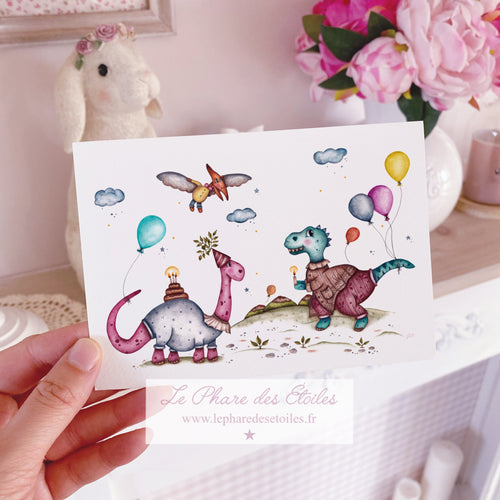Carte illustrée à l'aquarelle sur le thème des dinosaures et du goûter d'anniversaire. Format A6 carte postale. Enveloppe offerte sur simple demande.