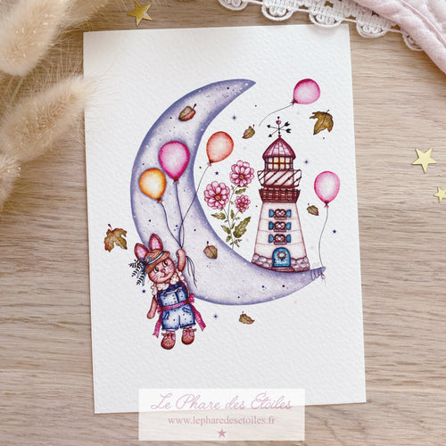 Carte sur le thème d'un phare, d'une lune et des étoiles. Aquarelle www.lepharedesetoiles.fr