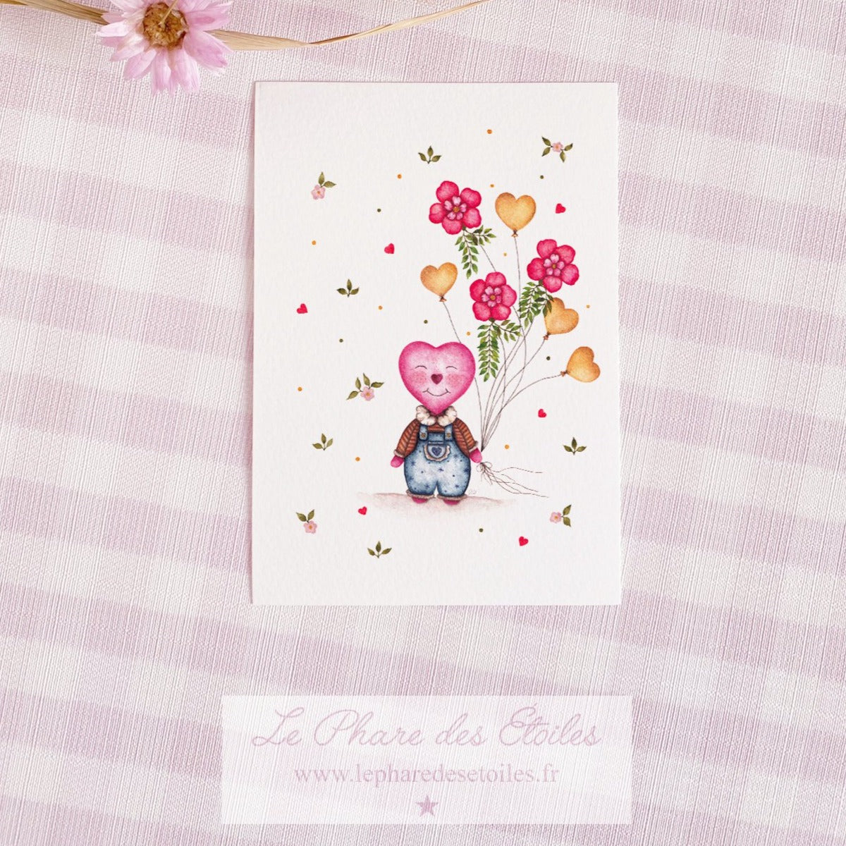 Carte illustrée à l'aquarelle sur le thème du printemps, des fleurs. Personnage coeur. Format A6 carte postale. Enveloppe offerte sur simple demande.