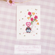 Charger l&#39;image dans la galerie, Carte illustrée à l&#39;aquarelle sur le thème du printemps, des fleurs. Personnage coeur. Format A6 carte postale. Enveloppe offerte sur simple demande.
