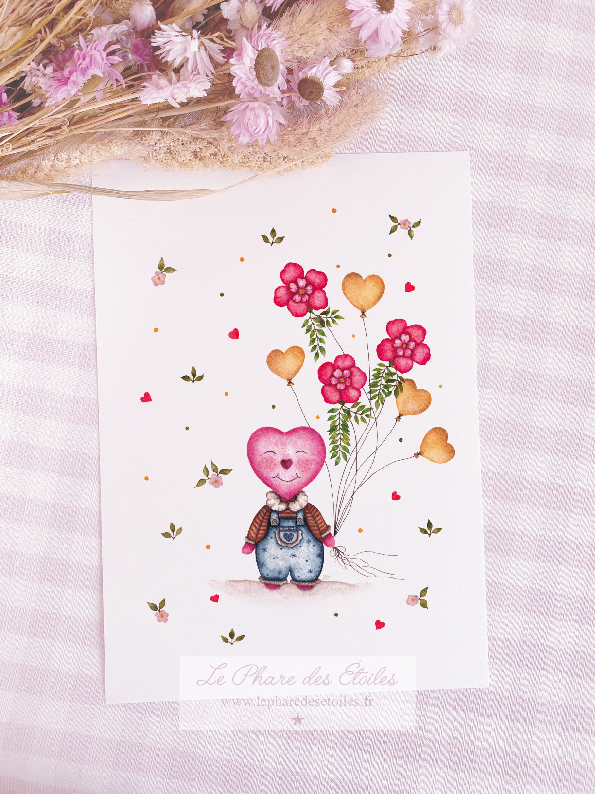Affiche illustrée à l'aquarelle sur le thème du printemps, des fleurs et d'un joli coeur. Illustration à encadrer. Décoration intérieure et chambre pour enfants.
