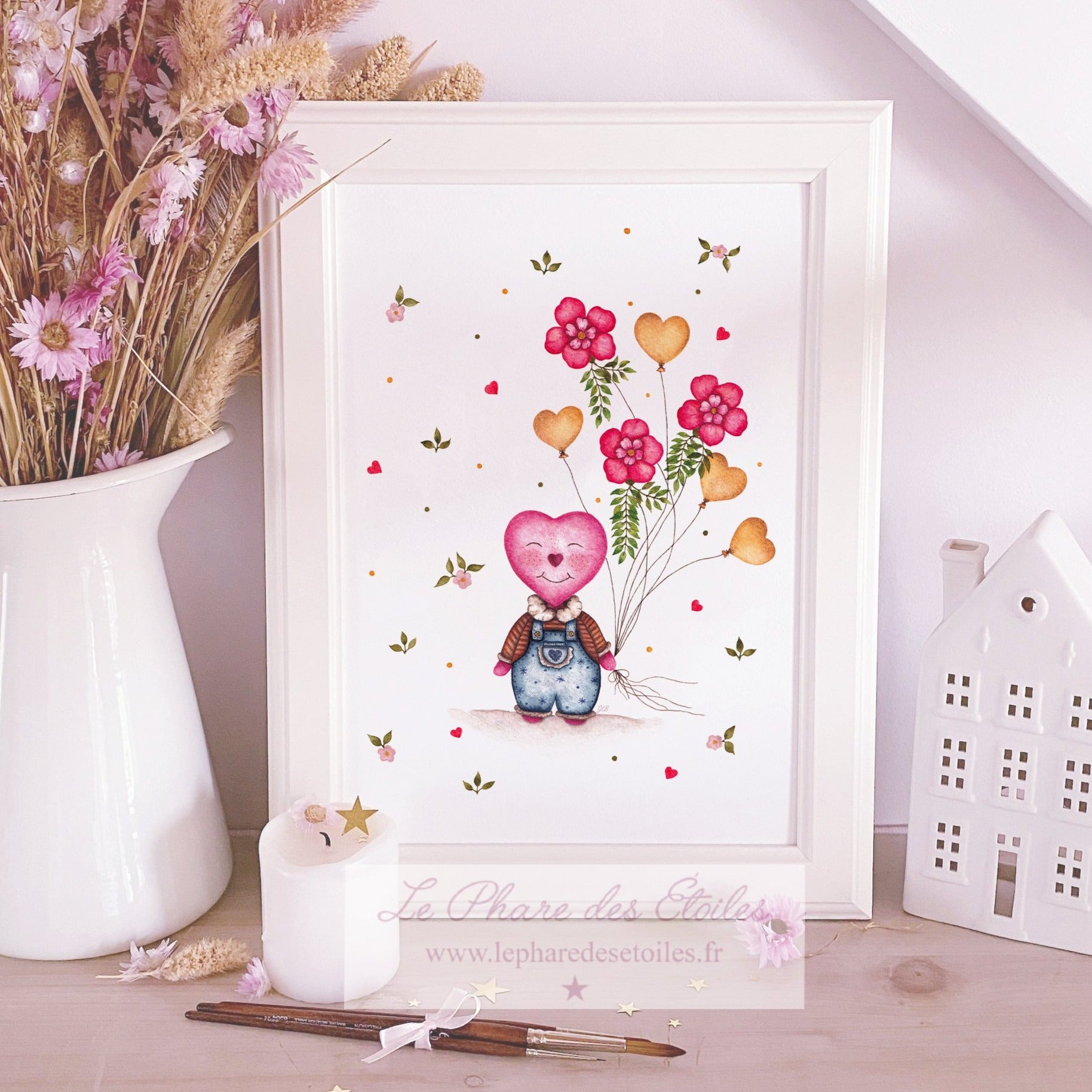 Affiche illustrée à l'aquarelle sur le thème du printemps, des fleurs et d'un joli coeur. Illustration à encadrer. Décoration intérieure et chambre pour enfants.