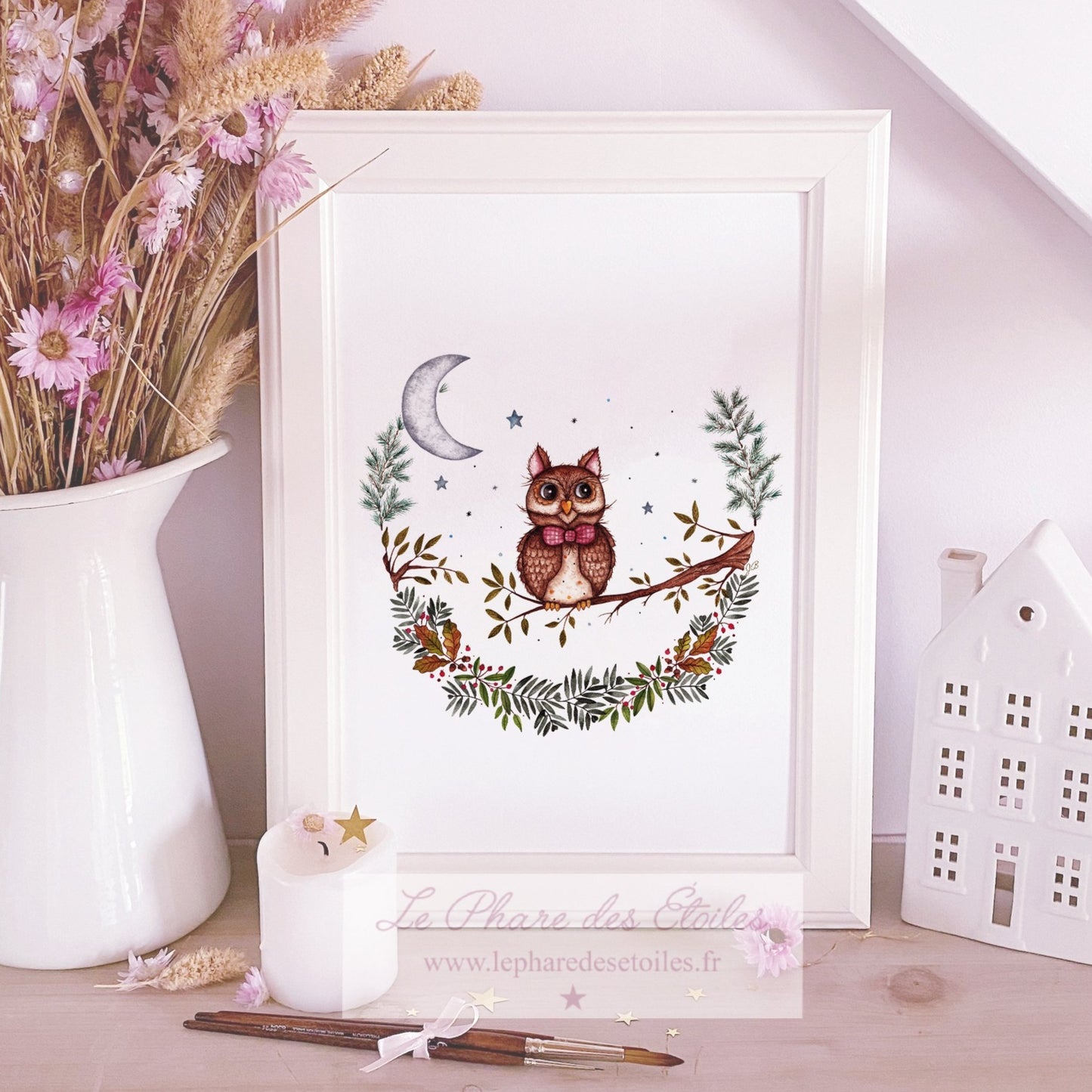 Affiche illustrée à l'aquarelle avec un hibou sur le thème de la nuit et de la forêt. Illustration à encadrer. Décoration intérieure et chambre pour enfants.