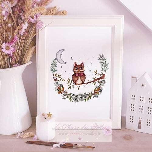Affiche illustrée à l'aquarelle avec un hibou sur le thème de la nuit et de la forêt. Illustration à encadrer. Décoration intérieure et chambre pour enfants.