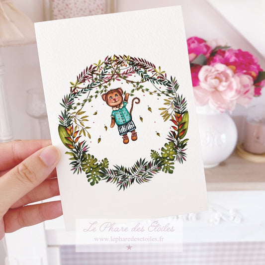 Carte illustrée à l'aquarelle sur le thème de la jungle, feuilles de monstera, végétaux et personnage singe. Format A6 carte postale. Enveloppe offerte sur simple demande.