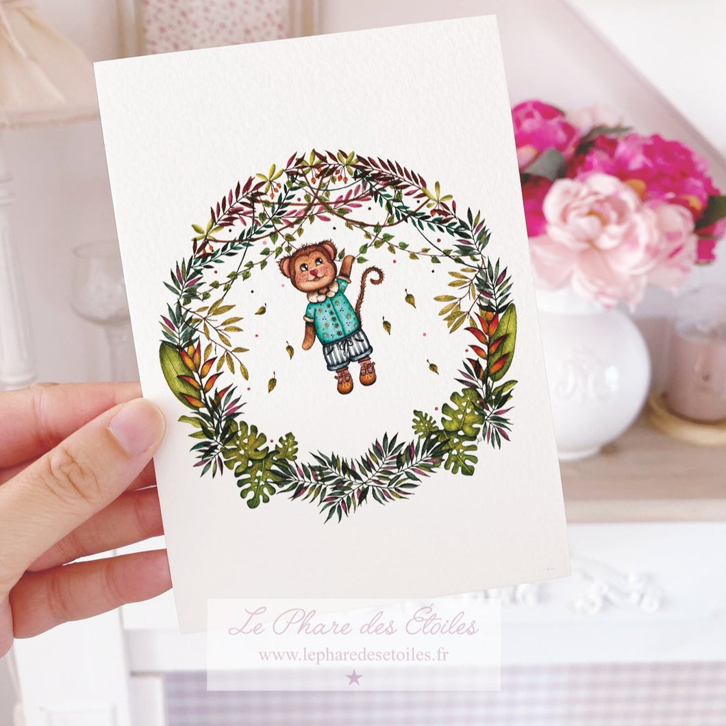 Carte illustrée à l'aquarelle sur le thème de la jungle, feuilles de monstera, végétaux et personnage singe. Format A6 carte postale. Enveloppe offerte sur simple demande.