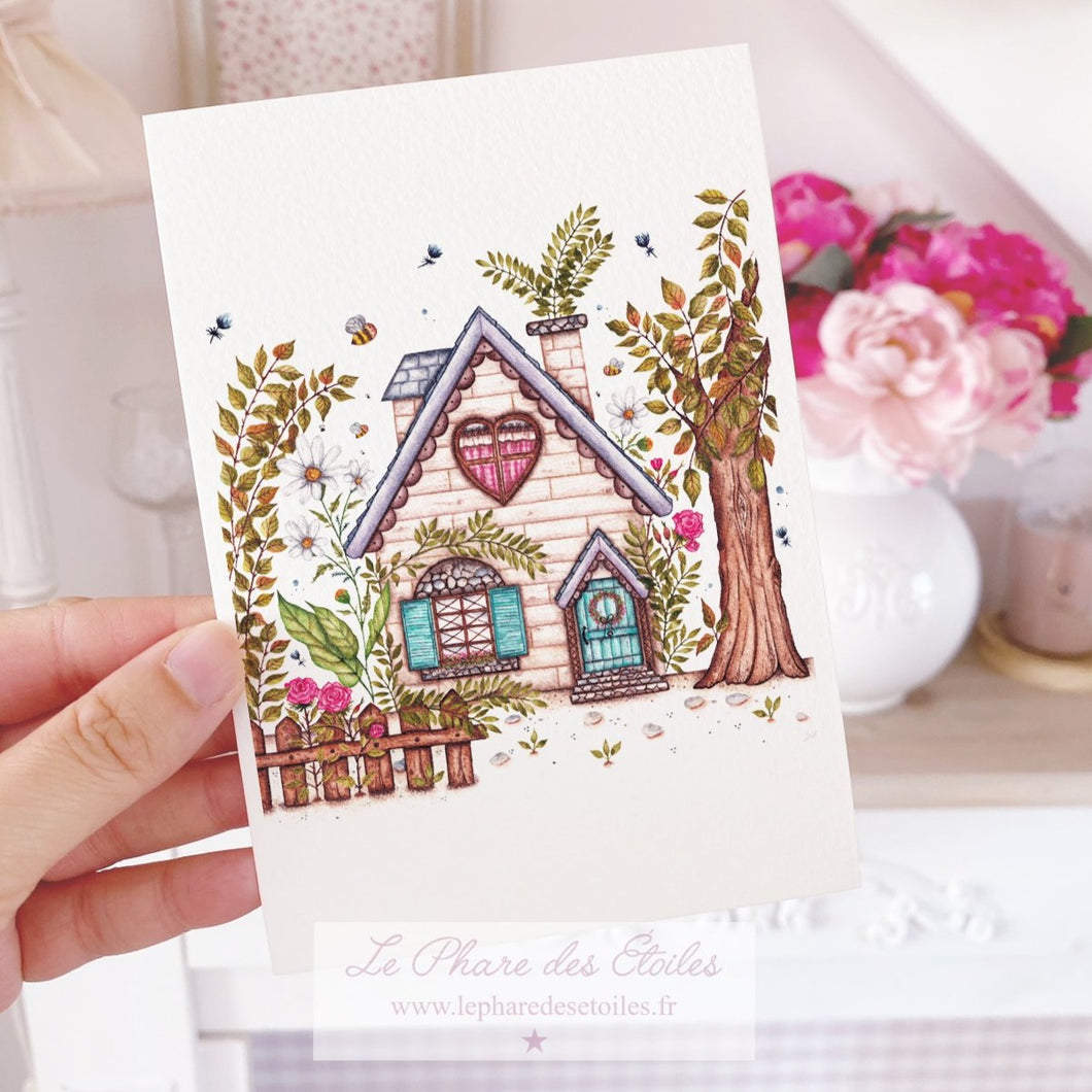 Carte illustrée à l'aquarelle sur le thème du printemps, des végétaux. Maison fleurie. Format A6 carte postale. Enveloppe offerte sur simple demande.