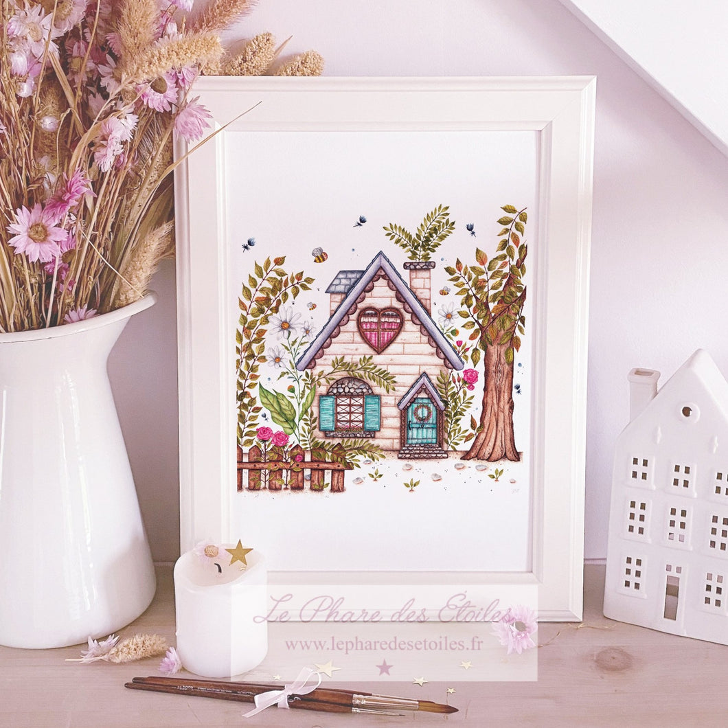 Affiche illustrée à l'aquarelle sur le thème du printemps, des fleurs, représentée par une maison fleurie. Illustration à encadrer. Décoration intérieure et chambre pour enfants.