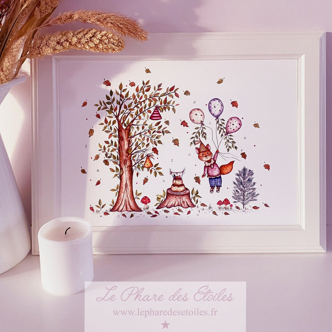 Affiche illustrée sur le thème de l'automne, de la forêt, du renard et de la fête. Aquarelle pour décoration de maison ou chambre d'enfant