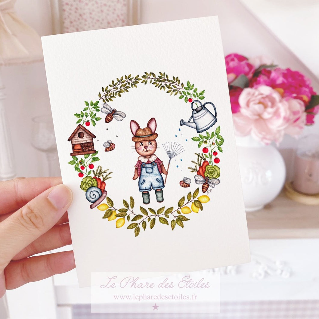 Carte illustrée à l'aquarelle sur le thème du printemps, des fleurs, du jardin et du jardinage. Personnage Lapin. Format A6 carte postale. Enveloppe offerte sur simple demande.