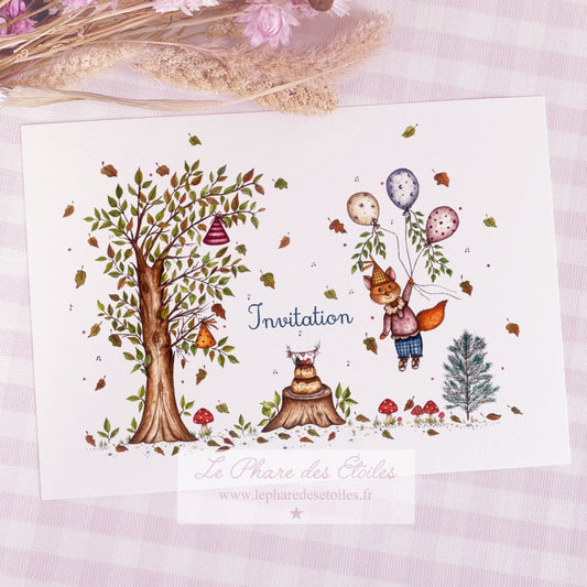 Carte Invitation Anniversaire. Carte illustrée à l'aquarelle sur le thème de la forêt, de l'automne et du goûter d'anniversaire. Format A6 carte postale. Enveloppe offerte. Recto-verso