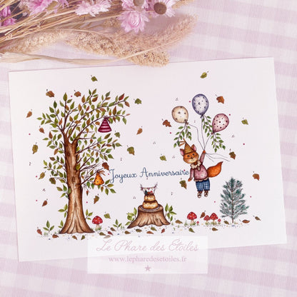 Carte Joyeux Anniversaire. Carte illustrée à l'aquarelle sur le thème du renard, de la forêt, de l'automne et du goûter d'anniversaire. Format A6 carte postale. Enveloppe offerte.