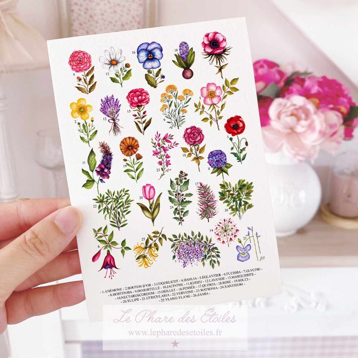 Carte illustrée à l'aquarelle sur le thème du printemps, des fleurs et de la botanique. Format A6 carte postale. Enveloppe offerte sur simple demande.