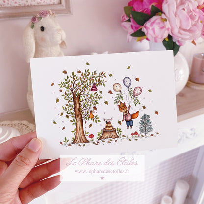 Carte illustrée à l'aquarelle sur le thème de l'automne, de la forêt, du renard et goûter d'anniversaire. Format A6 carte postale. Enveloppe offerte sur simple demande.