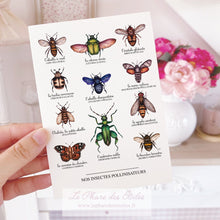 Charger l&#39;image dans la galerie, Carte illustrée à l&#39;aquarelle sur le thème du printemps et des insectes pollinisateurs. Format A6 carte postale. Enveloppe offerte sur simple demande.

